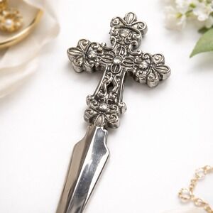 Ornate Silver Tone Crucifix Cross Letter Opener Rhinestone Accents Vintage